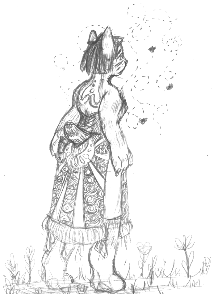 pencil sketch of a feline anthro she is in profile and wears a dress with many eye shaped and circular patterns, it is worn over a slip and her tail pokes out the back, there is only grass and childlike flowers drawn at the bottom for a background, bees buzz around her leaving a dashed trail